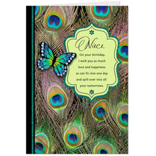 Load image into Gallery viewer, Butterfly and Peacock Feathers Birthday Card for Niece
