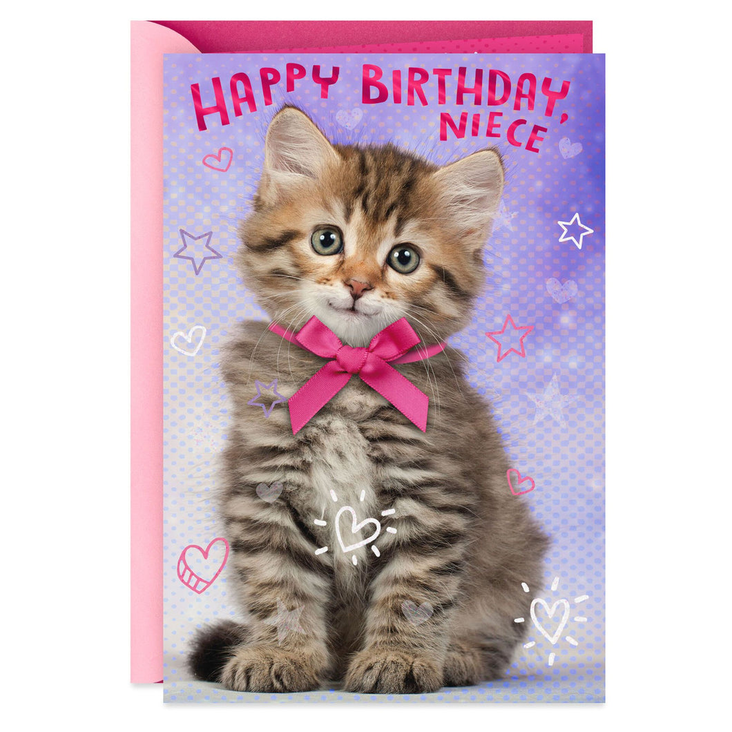 Cuddly Kitten With Bow Birthday Card for Niece