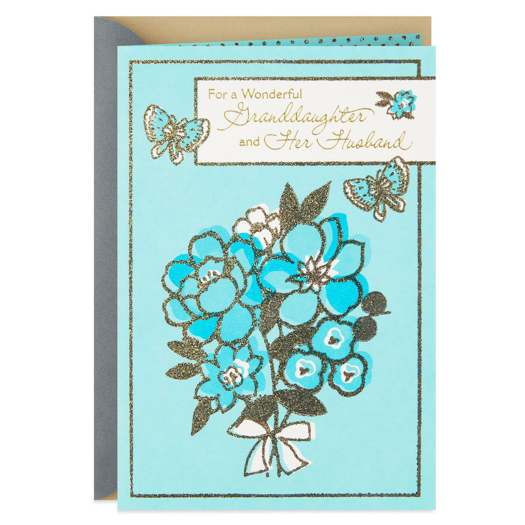 Blue Butterflies and Flowers Anniversary Card for Granddaughter and Husband
