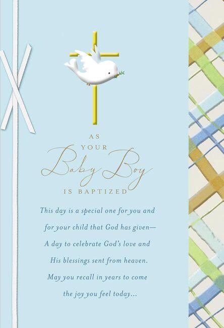 Dove With Gold Cross Baby Boy Baptism Card